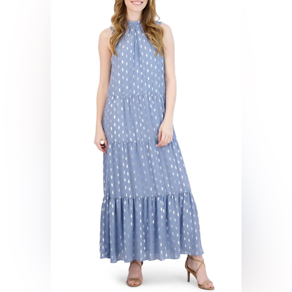 Sleeveless Blue Tiered Midi Dress